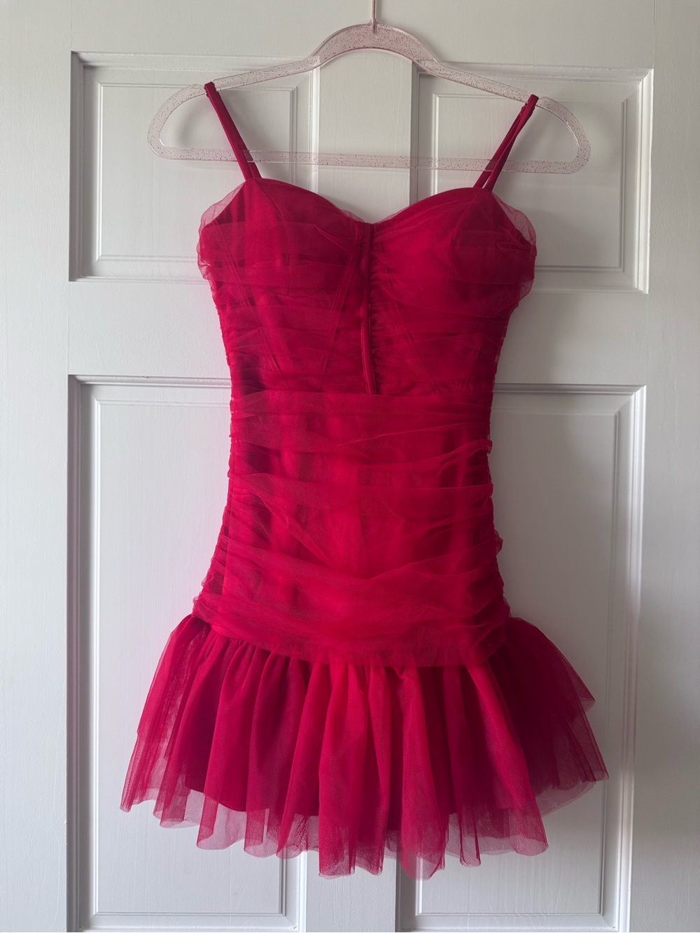 Strapless-Style Red Tulle Mini Dress with Spaghetti Straps